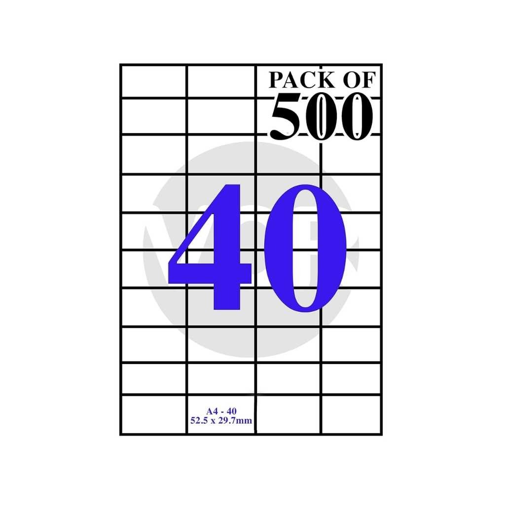 VCR A4 Size White Self Adhesive LabelSticker for Printer (InjectCopierLaser) - 40 Sticker Per Sheet - 500 Sheets Pack