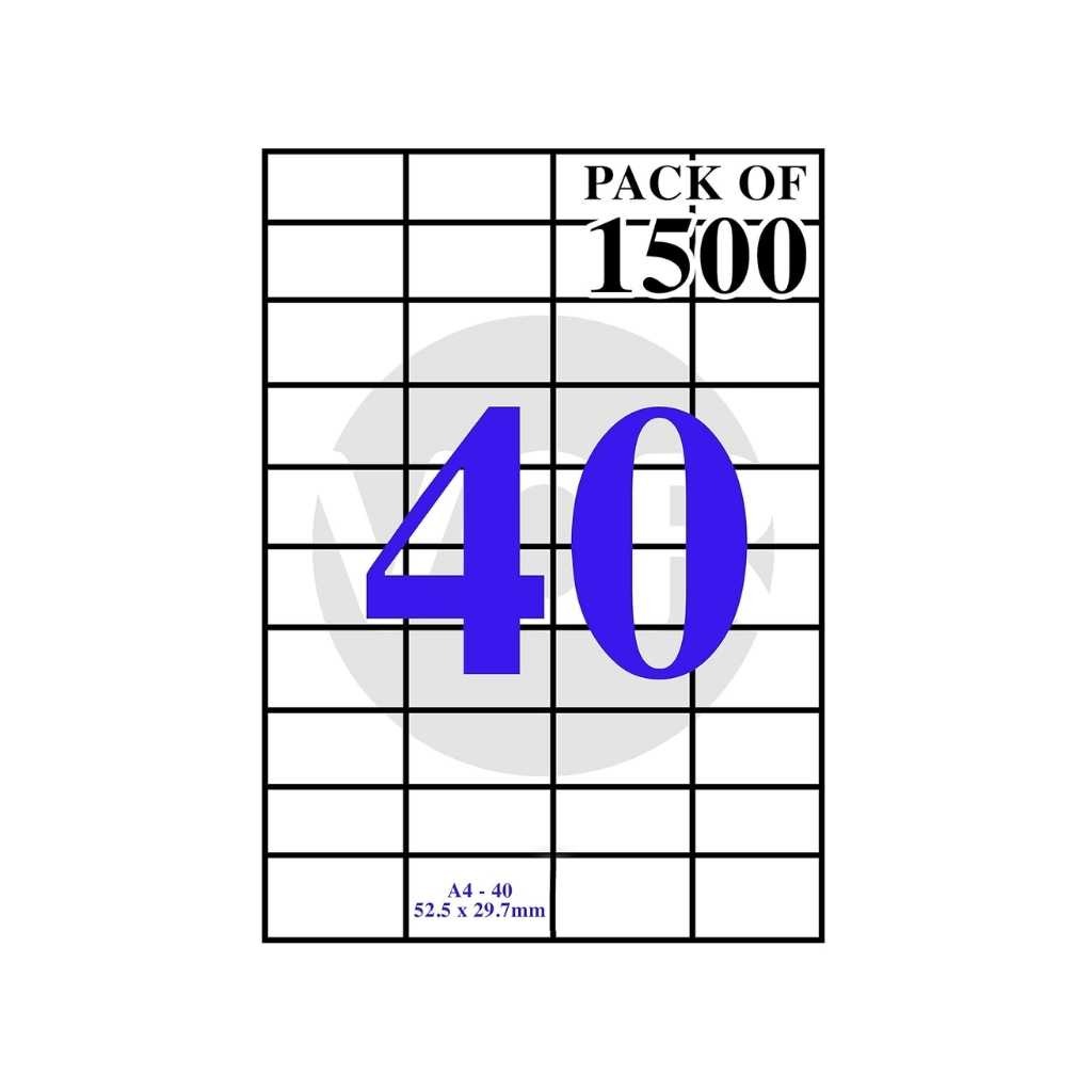 VCR A4 Size White Self Adhesive LabelSticker for Printer (InjectCopierLaser) - 40 Sticker Per Sheet - 1500 Sheets Pack