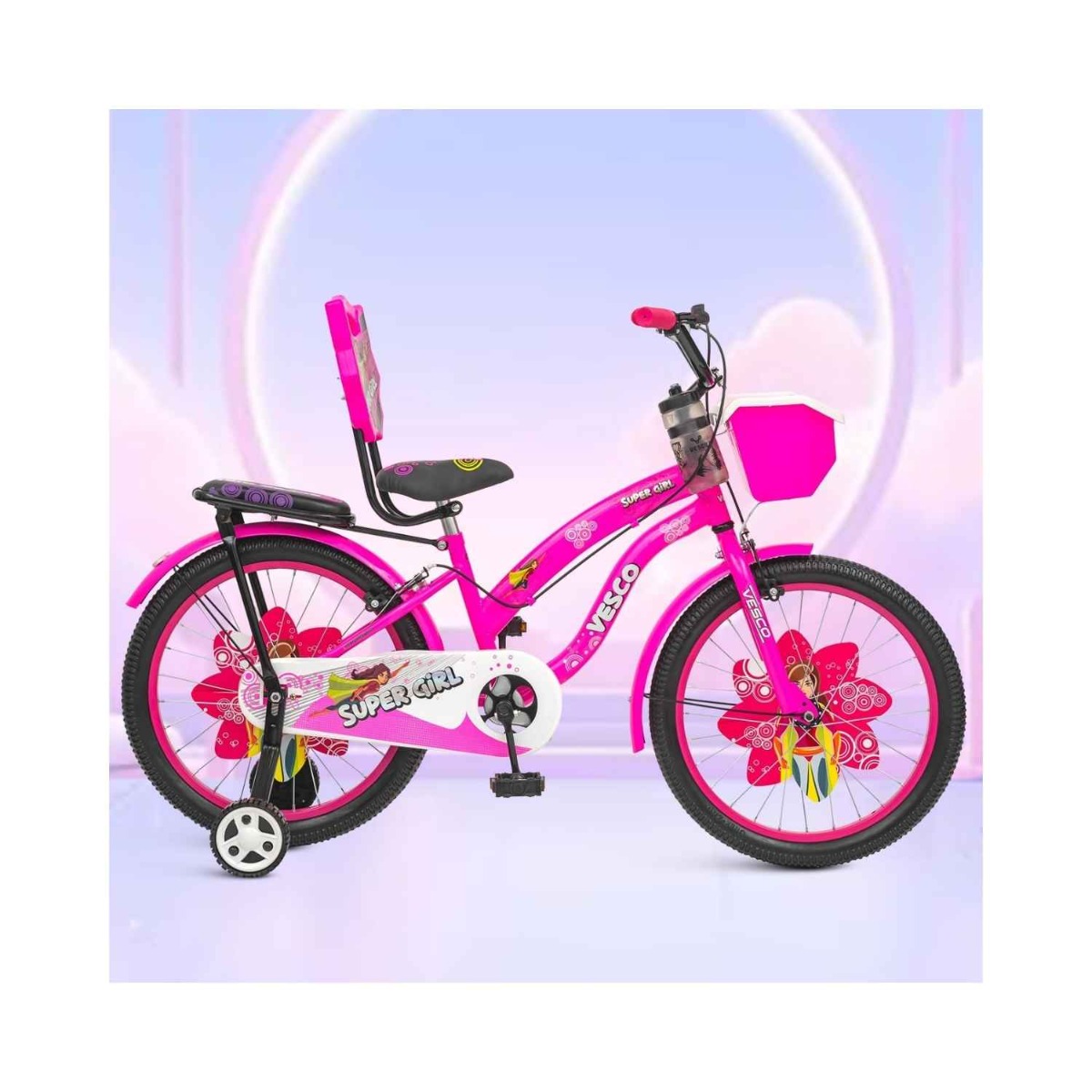 VESCO Super Girl 20T Cycle for Kids Girls with Balance Wheel & Back Carrier (Pink)