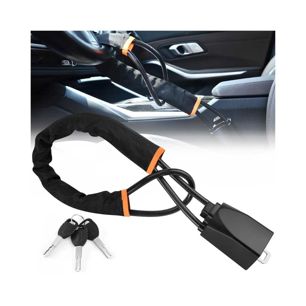 Autobizarre Anti-Theft Heavy Duty Adjustable Steering Wheel Lock with Seat Belt Lock (Orange Black)