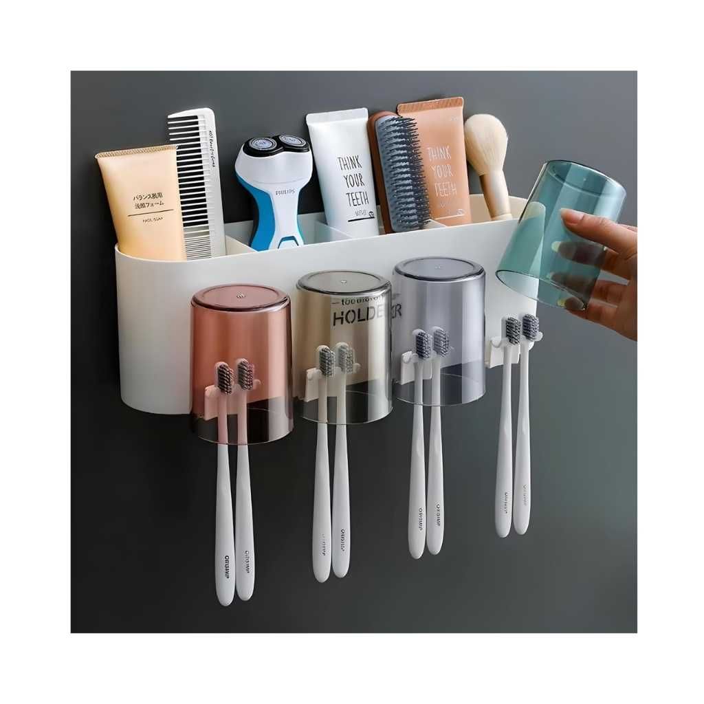Tooth Brush Holder Bathroom Wall Mounted with Toothpaste Holder, Self Adhesive Toothbrush Holder for Bathroom Wall Waterproof Space Saving Bathroom Organizer