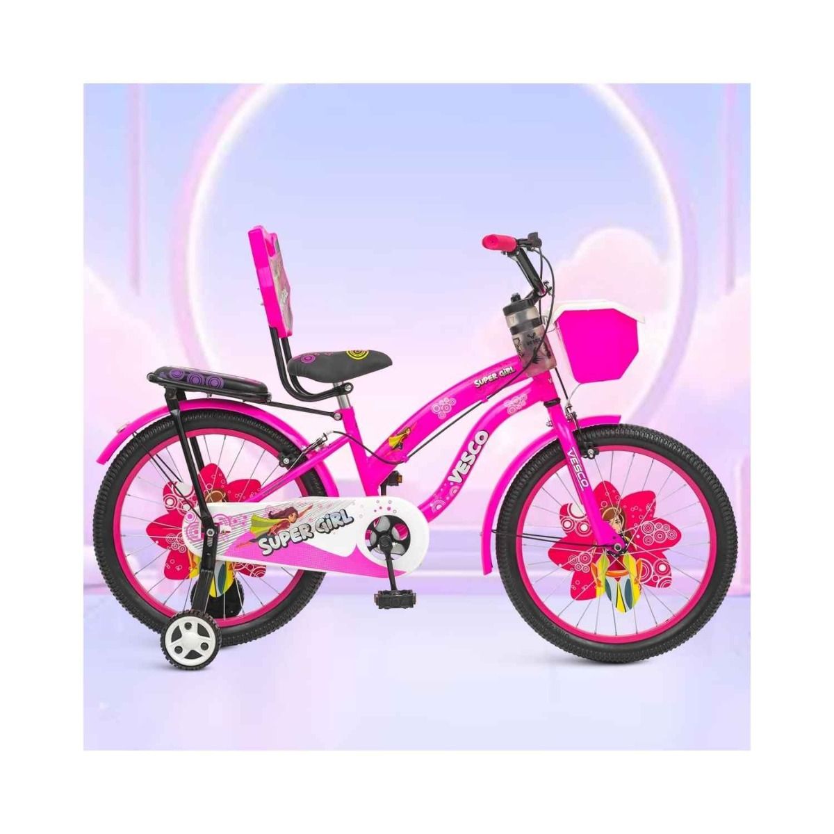 VESCO Super Girl 20T Cycle for Kids Girls with Balance Wheel & Back Carrier (Pink)