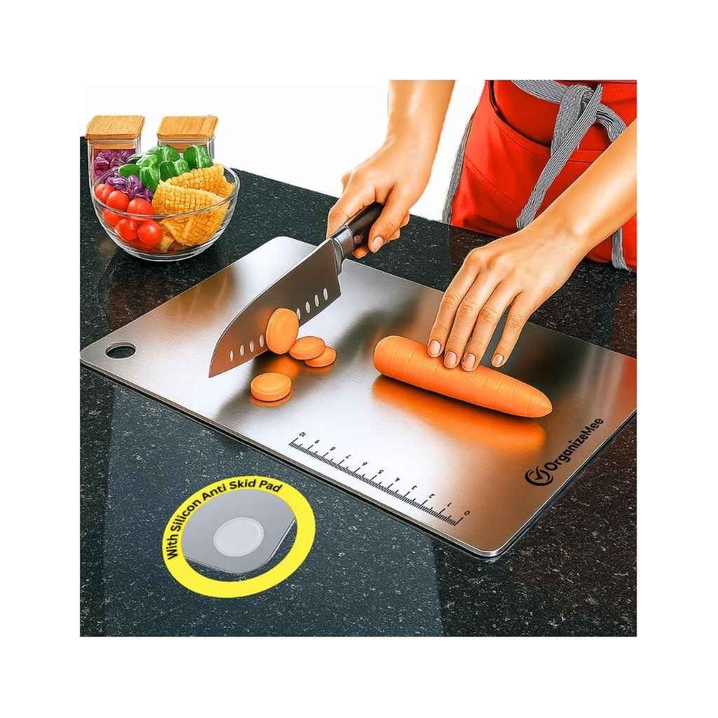 OrganizeMee Stainless Steel Chopping Board Large with Silicone Anti-Skid Corner Protectors