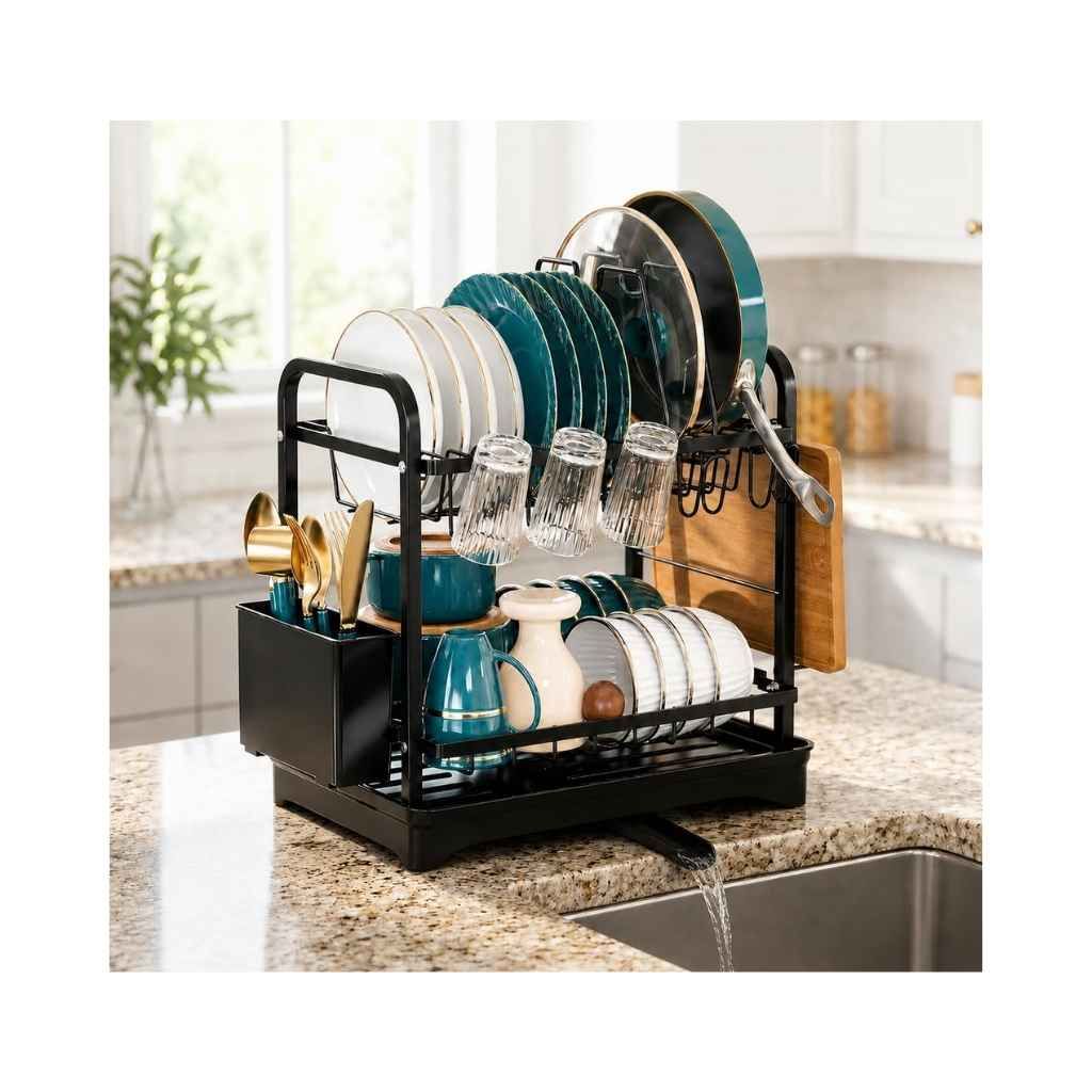 COMFYHOME 2-Tier Dish Drying Rack with Cup Holder, Drainboard & Utensil Holders