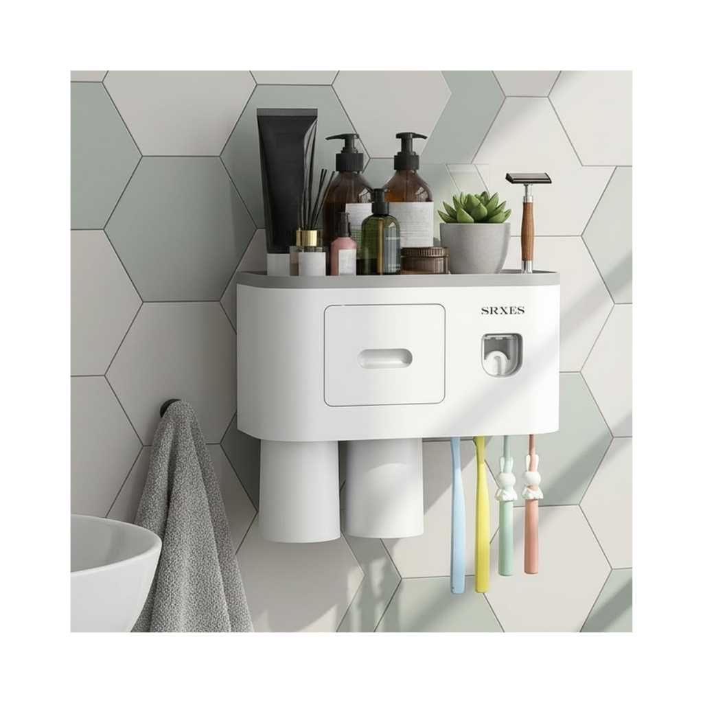 SRXES Acrylonitrile Butadiene Styrene Toothbrush Holder for Bathroom, Wall Mounted with Toothpaste Dispenser (2 Cup, White)