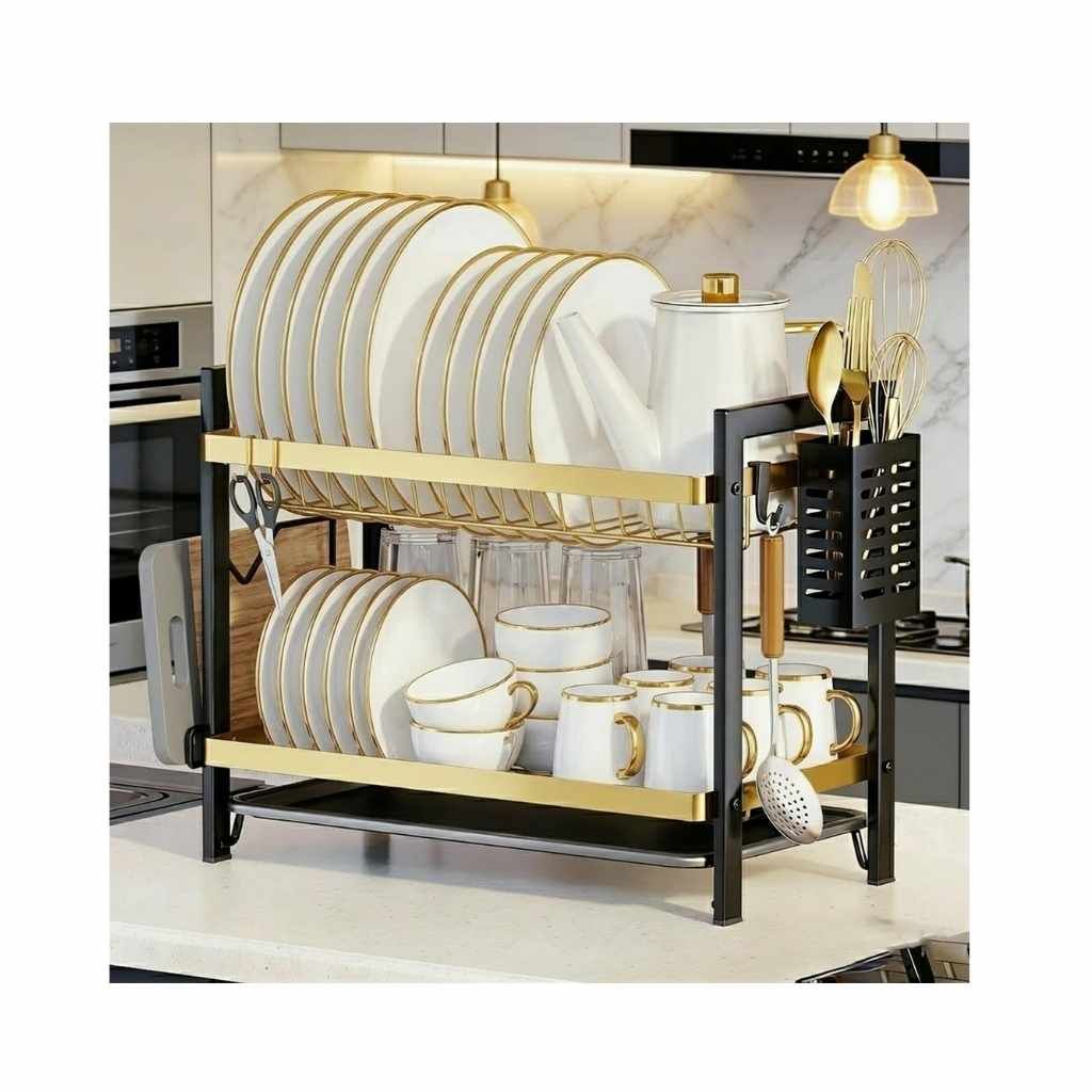 COMFYHOME 2-Tier Stainless Steel Utensils & Dish Drying Rack with Drainboard and Utensil Holder