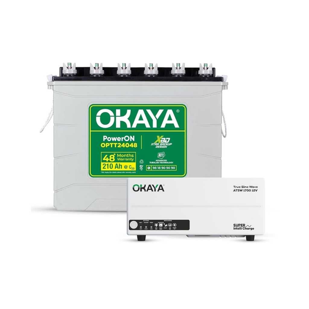 Okaya Inverter with Battery Combo – ATSW 1700 Pure Sine Wave Inverter with OPTT24048 Tall Tubular Battery