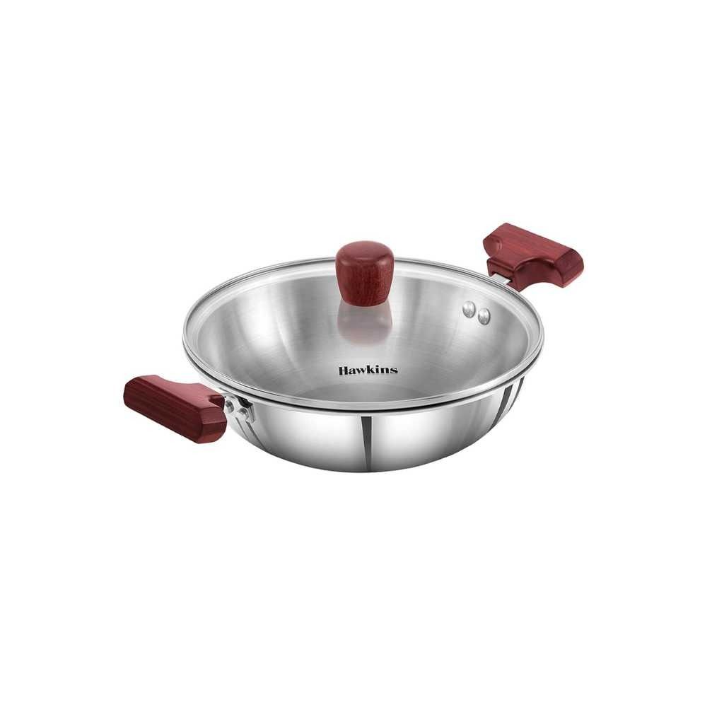 Hawkins Triply Stainless Steel Deep Fry Pan Kadhai 1.5 Litre with Glass Lid