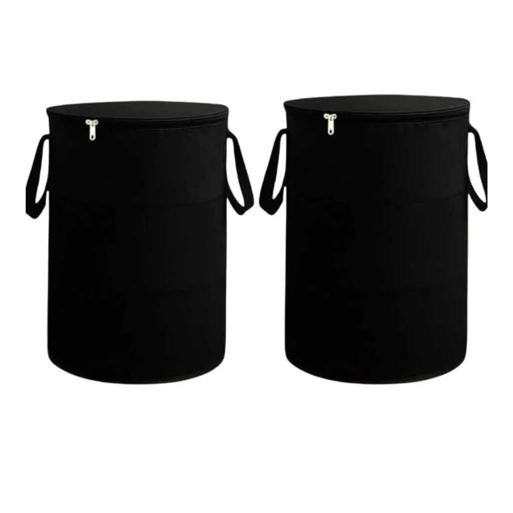 Set of 2 Laundry Baskets with Zipper Lid & Handles Black, Foldable Laundry Hamper for Clothes Storage
