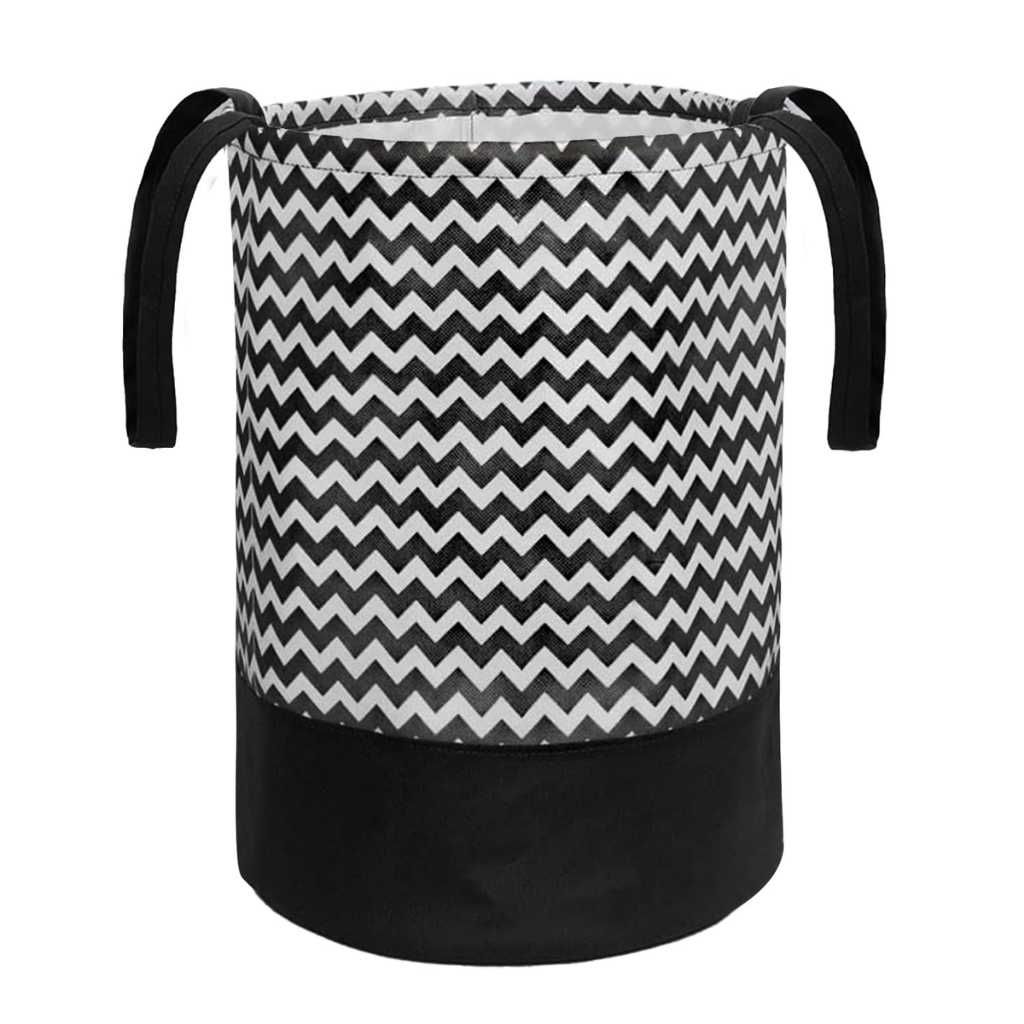 PrettyKrafts 45L Non Woven Wave Printed Round Foldable Laundry Bag/Basket with Handle, Black & White