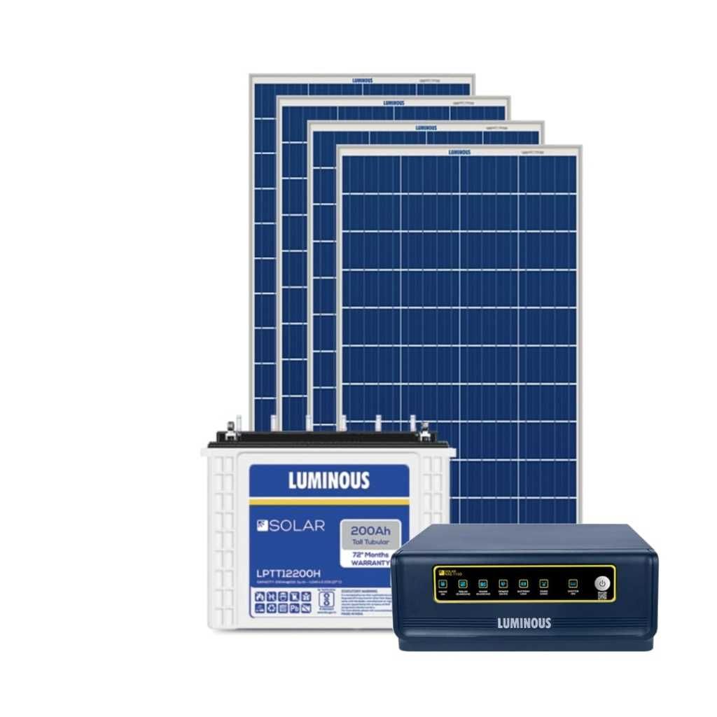 Luminous NXG 1150e 850VA Off-Grid Solar Inverter with LPTT 12200H 200Ah Tall Tubular Battery and 210Wp Mono PERC Half-Cut Solar Panels (Pack of 4)
