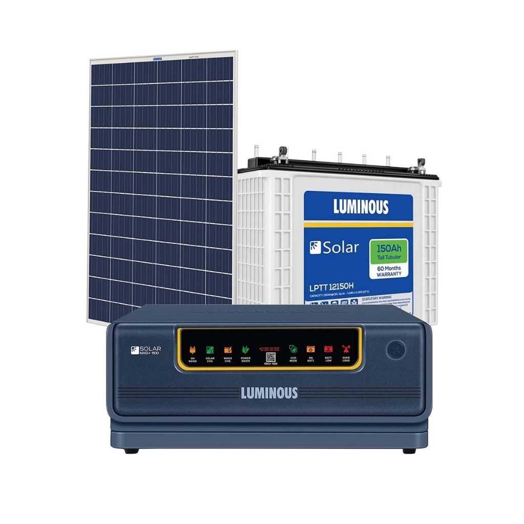 Luminous NXG 1150e 850VA Off-Grid Solar Inverter with LPTT 12150H 150Ah Tall Tubular Battery and 210Wp Mono PERC Half-Cut Solar Panel Combo