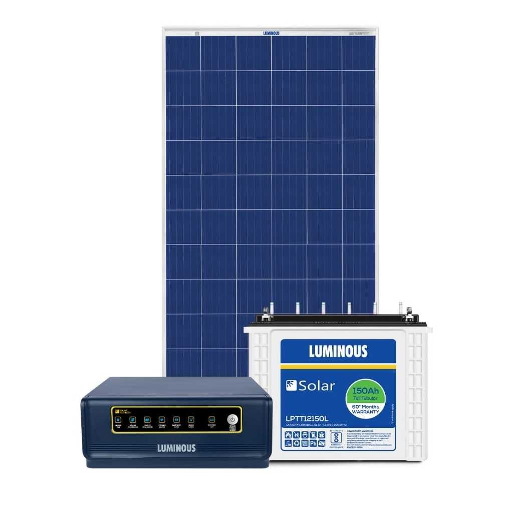 Luminous NXG 850e 500VA Off-Grid Solar Inverter with LPTT 12150L 150Ah Tall Tubular Battery and 210Wp Mono PERC Half-Cut Solar Panel Combo
