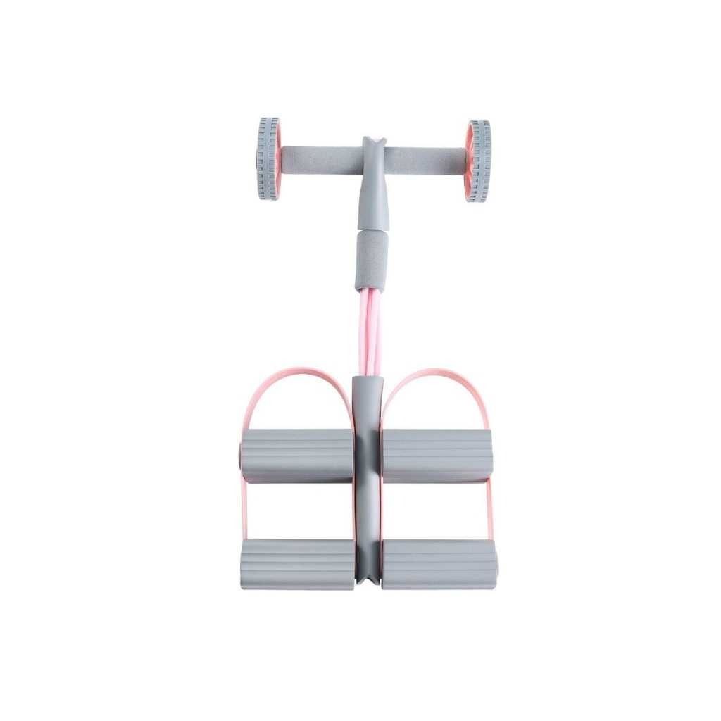 3-in-1 Double Foot Pedal Resistance Puller with Auto Rebound Ab Roller & 4-Tube Tummy Trimmer (Pink)