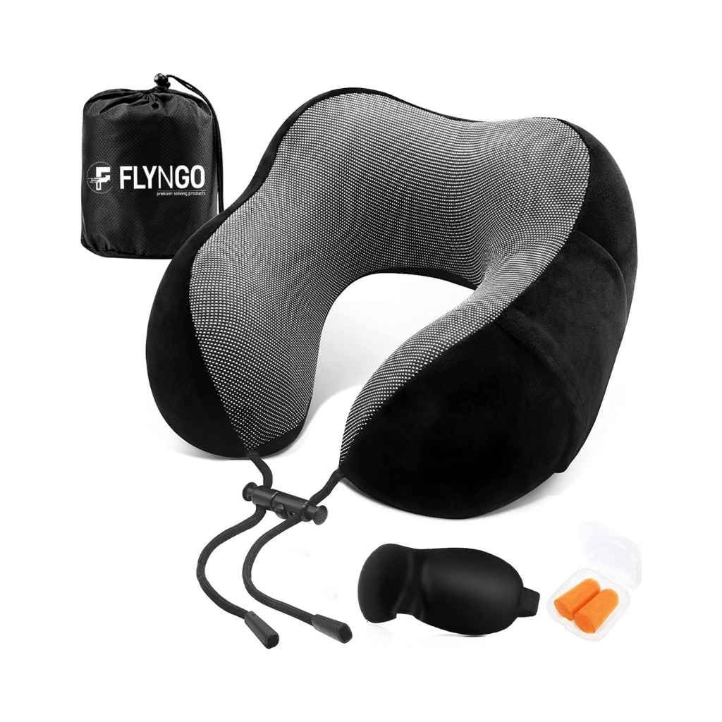 FLYNGO Memory Foam Neck Pillow for Travel with Eye Mask & Ear Plugs