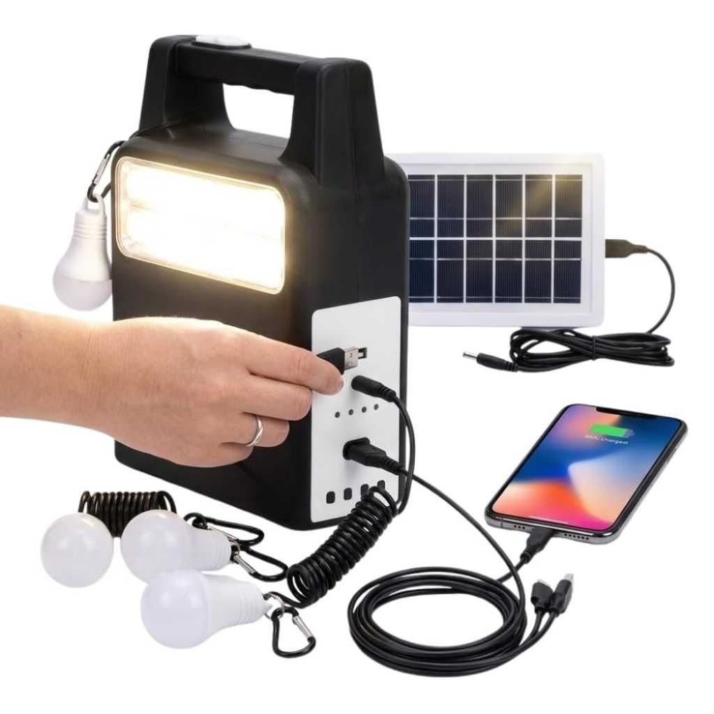 Drumstone Mini Solar Inverter Power Backup System with Solar Panel, Tube Light & 3 LED Bulbs, USB Charging