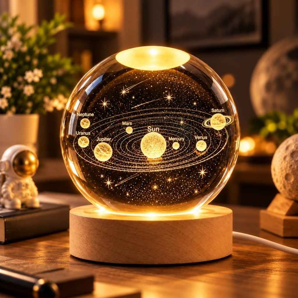 One94Store 3D Solar Planet Crystal Ball LED Night Lamp with Wooden Base, Warm White