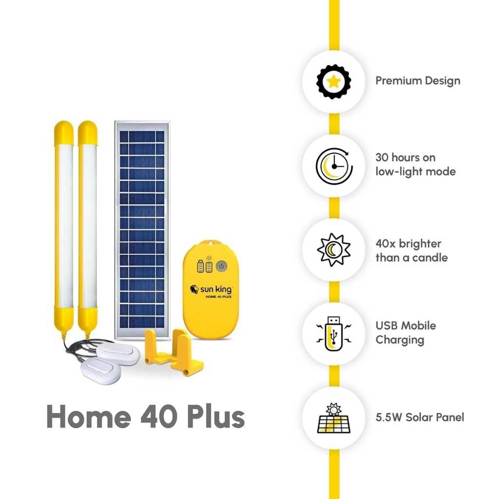 Sun King Home 40 Plus Indoor Solar Home Light with 2 Tube Lights, 5.5W Solar Panel & Advanced Battery Control Unit